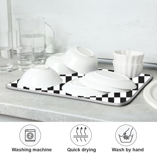 Black White Checkered Pattern Dish Drying Mat for Kitchen Counter Absorbent Microfiber Drying Pad