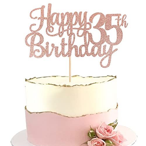 1 PCS Happy 35th Birthday Cake Topper Glitter Cheers to 35 Years Birthday Cake Pick 35 Fabulous Cake Decoration for Happy 35th Birthday Theme Party Decorations Supplies Rose Gold