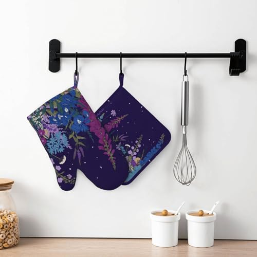 Wildflowers Florals Oven Mitts Pot Holders Set Silicone Heat Resistant Wildflowers Oven Mitts and Hot Pads Florals Potholders Non