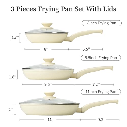 Nonstick Ceramic Frying Pans Skillets Set with Lid 8"+9.5"+11"