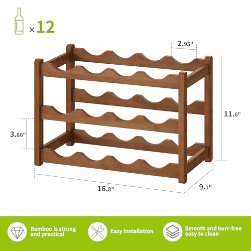 Bamboo Wine Rack Wine Storage Cabinet Shelf 12 Bottle Wine Racks Countertop Sturdy for Kitchen Dining Room Pantry