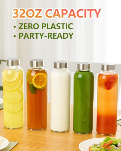 Clear Glass Water Bottles with Stainless Steel Lids 32 oz (3 Count)