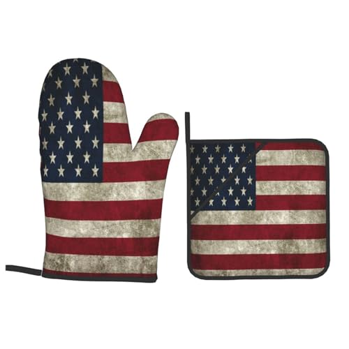 Retro American Flag Oven Mitts and Pot Holders Sets of 4 High Heat Resistant Oven Mitts with Oven Gloves and Hot Pads Polyester Potholders for Kitchen Baking Grilling Non