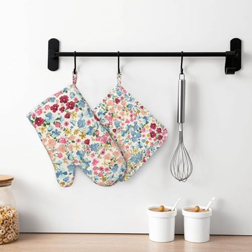 Wild Flowers Floral Meadow Oven Mitts and Pot Holders Set of 4 Silicone Kitchen Mitten Gloves and Non