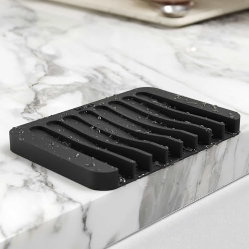 Self Draining Silicone Dish Drying Mat and Silicone Soap Dish Holder for Bathroom or Kitchen Counter in Black