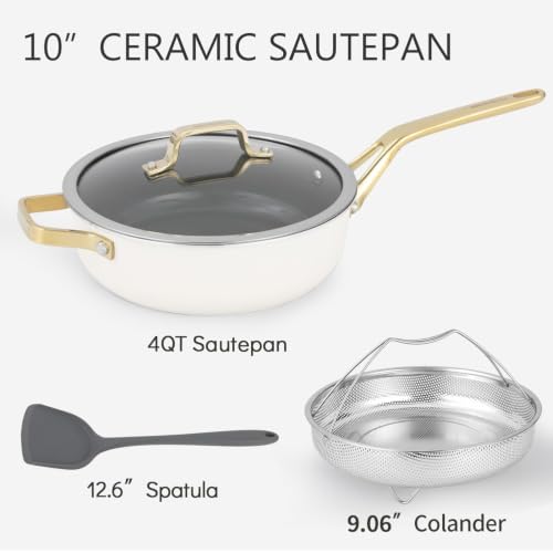 10-in-1 White Ceramic Nonstick Deep Saute Pan Set With Steamer & Lid, 4QT