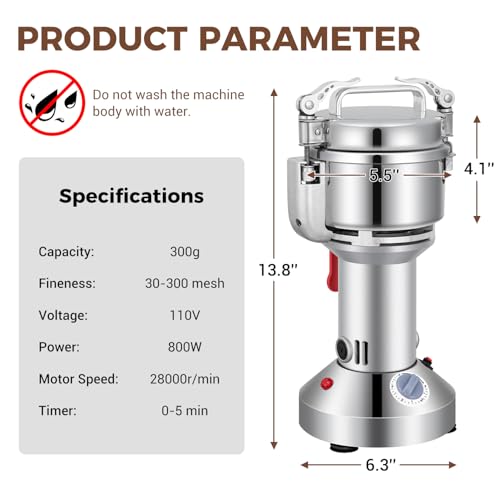 Grain Mill 300g Commercial Spice Grinder Electric 1200W Stainless Steel Pulverizer Dry Grinders for Grinding Wheat