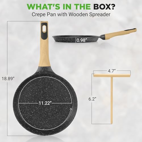 2-Pack Non-Stick Crepe Pan Set – 11” Marble Coated Dosa Pans with Wooden Spreaders, Bakelite and Wood Handles, Induction-Compatible, Easy-to-Clean, Stain-Resistant (Black Marble) (2 Count)