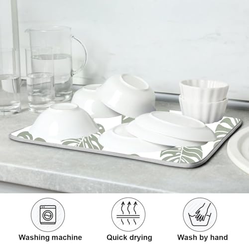 Green Palm Monstera Leaves Dish Drying Mat for Kitchen Counter Absorbent Microfiber Drying Pad