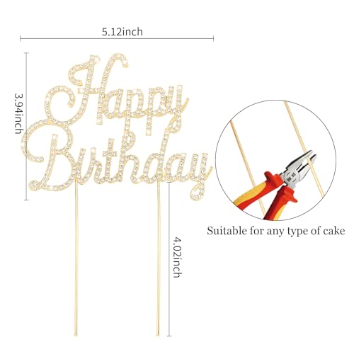 Gold Happy Birthday Cake Topper Metal Rhinestones Birthday Cake Decorations for Women