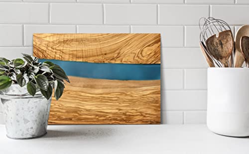 Handcrafted Italian Olive Wood Cheese & Charcuterie Board Set with Unique Blue Resin Artwork
