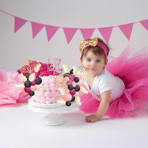 57Pcs Balls Cake Topper Boho Grass Cake topper Pearl Balls Acrylic Happy Birthday Cake Decorations for Wedding Baby Shower Birthday Boho Themed Party Supplies Black Pink Rose Red (57 Count)
