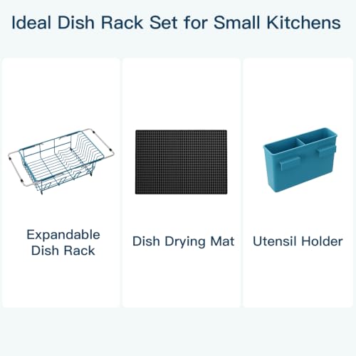 Blue Expandable Dish Drying Rack Over Sink with Extra Drying Mat