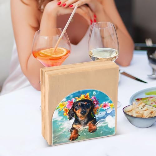 Cute Dachshund Puppy Surfing Napkin Holder for Table Paper Napkins Holder Acrylic Tissue Dispenser Kitchen Dining Room Bathroom Party Car Decor