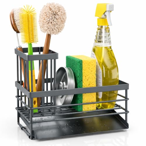 Sink Caddy Sponge Holder for Kitchen with Brush Holder and Stainless Steel Self Drain Tray