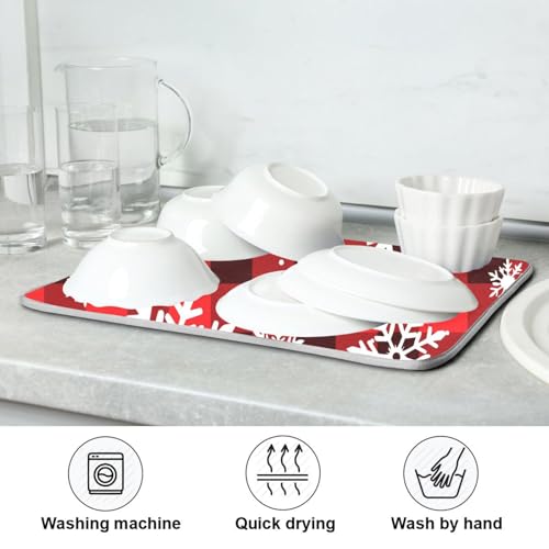 Snowflakes Christmas Tartan Plaid Dish Drying Mat for Kitchen Counter Absorbent Microfiber Drying Pad