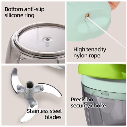 Manual Food Processor Vegetable Chopper 2.3 Cup Small Mini Hand Pull String Onion Chopper Garlic Mincer Cutter with 3 Stainless Steel Blades