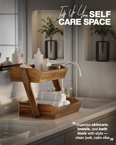 2 Tier Acacia Wood Fruit Stand for Kitchen Countertop Storage