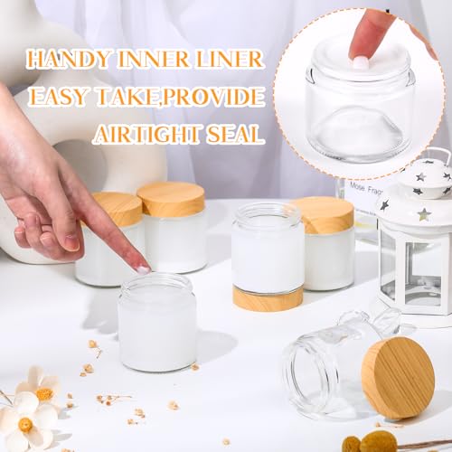 96 Pcs 4oz Glass Jars with Lids Empty Small Glass Containers and Inner Liners Reusable Cosmetic Jars Round Airtight Bottles with Plastic Wood Grain Lids for Travel Wedding Favors Gifts (96 Count)