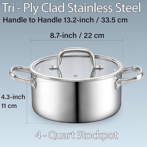 4 Quart Tri Ply Clad Stainless Steel Stock Pot with Lid