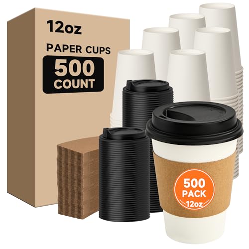 500 Pack 12 oz Disposable Coffee Cups with Lids and Sleeves (500 Count)