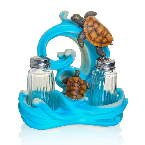 Resin Ocean Sea Turtle Salt And Pepper Shakers Set Holder with Glass Spice Jars (2 Count)