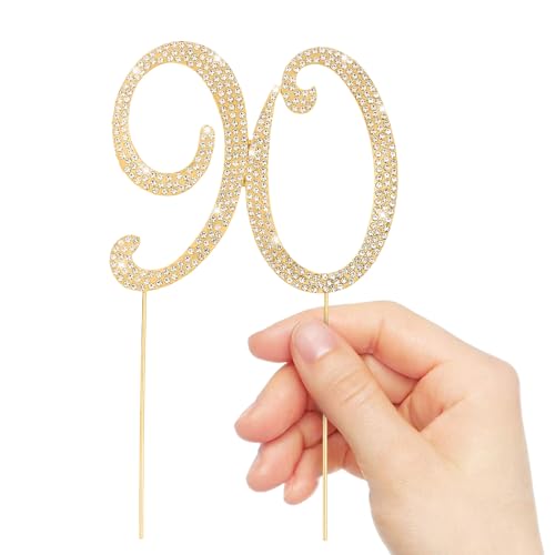 Gold 90th Birthday Cake Topper Rhinestones Cake Decorations for 90th Birthday Party