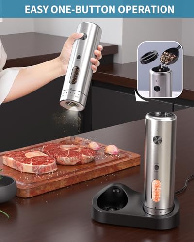 Electric Salt and Pepper Grinder Set with Rechargeable Base Upgraded Stainless Steel Automatic Salt and Pepper Shakers with 2 Grinding Speeds (2 Count)