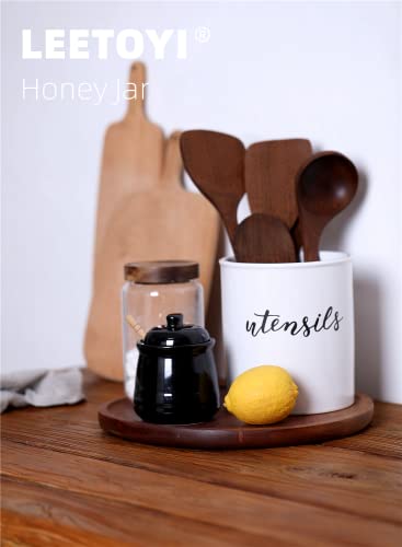 Ceramic Honey Jar with Lid and Dipper (12 Ounce)