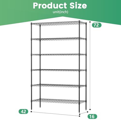 16" D×42" W×72" H Wire Shelving Unit Commercial Metal Shelf with 6 Tier Adjustable Layer Rack Strong Steel for Restaurant Garage Pantry Kitchen Garage