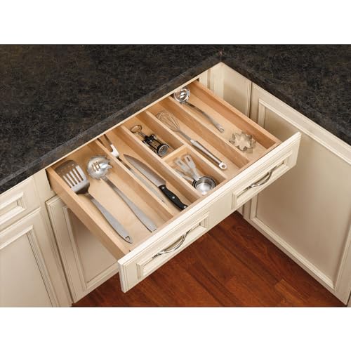 Trim-to-Custom-Fit Silverware Drawer Organizer For Kitchen Utensils, Cutlery Cabinet Storage Divider Insert, 23.98 x 21.97 In, Maple Wood, 4WUT-3