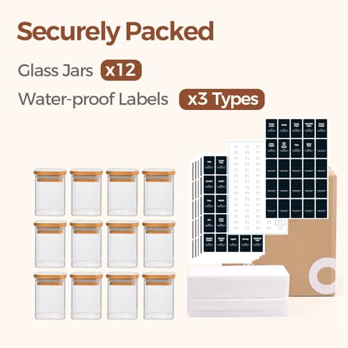 Square Glass Spice Jars with Labels 8 oz 12 Pack with Bamboo Lids (12 Count)