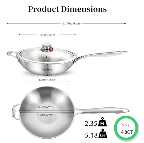 12 Inch Stainless Steel Wok with Glass Lid