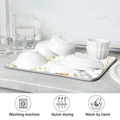 Herbs Flowers Botanical Butterfly Dish Drying Mat for Kitchen Counter Absorbent Microfiber Drying Pad