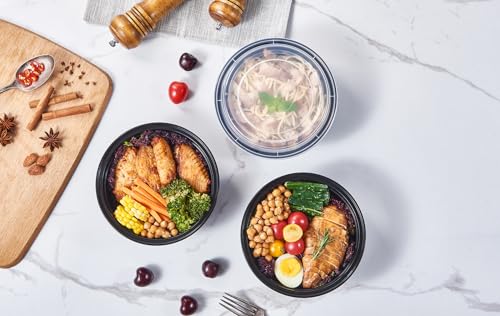 32 oz 150 ct Round Meal Prep Containers with Lids Plastic Food Storage Lunch Plan To Go Box Disposable Take Out Bowls Black BPA Free Reusable Durable Stackable Microwave Freezer Dishwasher Safe (150 Count)