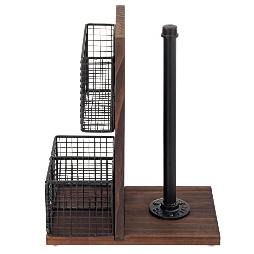 3-in-1 Kitchen Organizer with Paper Towel Holder, Napkin Holder & Spice Rack - Rustic Wood & Industrial Metal Pipe Caddy for Farmhouse Dining Table