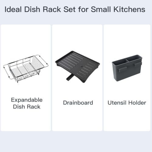 Grey Expandable Dish Drying Rack Over Sink with Extra Drainboard