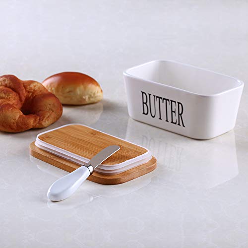 Ceramic Butter Dish with Bamboo Lid and Stainless Steel Knife Spreader