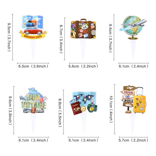 36PCS Double sided Adventure Travel Cupcake Toppers Airplane Globe Map Suitcase Bon Voyage Cupcake Picks for Adventure Travel Baby Shower Boys Girls Birthday Wedding Party Decoration (36 Count)