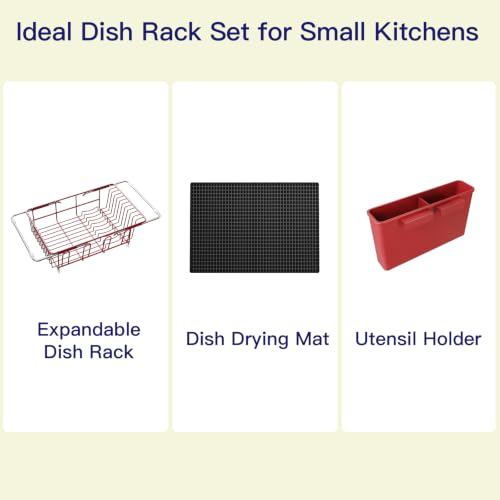 Red Expandable Dish Drying Rack Over Sink with Extra Drying Mat