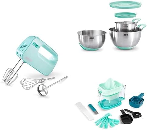 DASH SmartStore™ Deluxe Electric Hand Mixer – Aqua & DASH Stainless Steel Mixing Bowls with Lids- Aqua & DASH SmartStore™ 20 Piece Measuring Set - Aqua