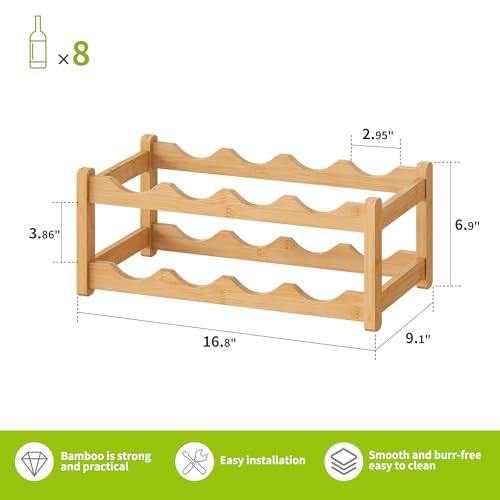 Bamboo Wine Rack Wine Storage Cabinet Shelf 8 Bottle Wine Racks Countertop Sturdy for Kitchen Dining Room Pantry