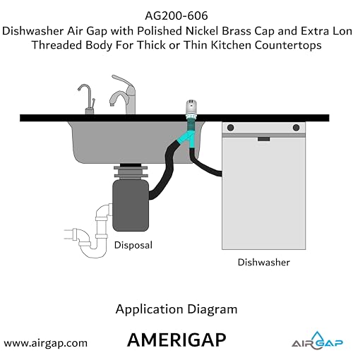 Dishwasher Air Gap with Skirted Polished Nickel Brass Cap and Extra Long Threaded Body for Thick or Thin Kitchen Countertops