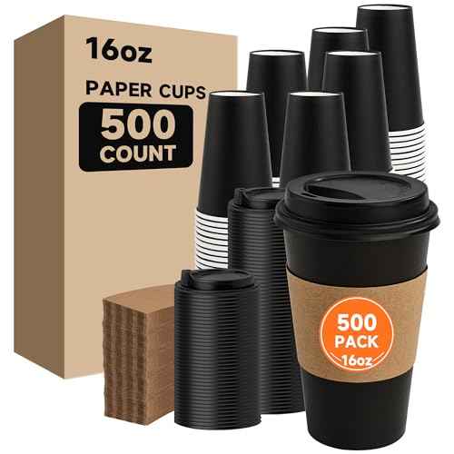 500 Pack 16 oz Disposable Coffee Cups with Lids and Sleeves (500 Count)