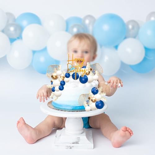 57Pcs Balls Cake Topper Boho Grass Cake topper Pearl Balls Acrylic Happy Birthday Cake Decorations for Wedding Baby Shower Birthday Boho Themed Party Supplies Royal Blue (57 Count)