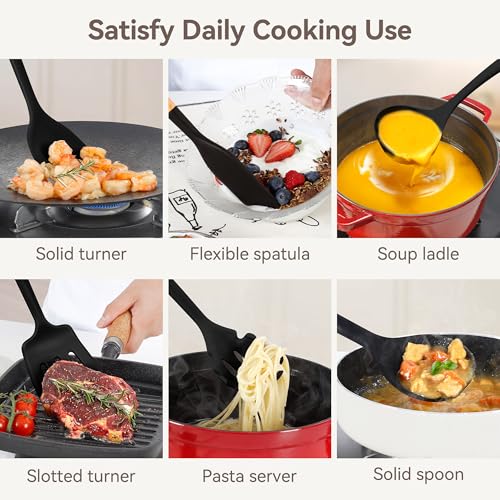 6 Pcs Silicone Kitchen Utensils Set Wood Handle BPA (6 Count)