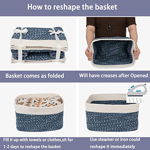 Woven Cotton Rope Storage Baskets 15x10x9.3" 3 Pack White and Blue