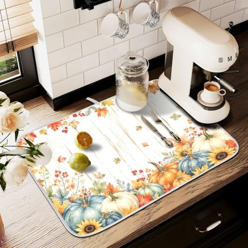 Thanksgiving Dish Drying Mat for Kitchen Counter Absorbent Microfiber Pumpkin Sunflower Fall Autumn Large Drying Pad Dish Mats for Kitchen Countertops 18 x 24 Inch