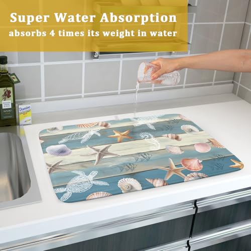 Coastal Starfish Dish Drying Mat Summer Sea Turtle Drainer Rack Mat Absorbent Microfiber Kitchen Countertop Protector Dishes Pad 18x24 inch