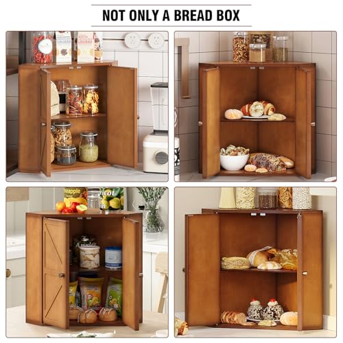 Corner Bread Box for Kitchen Counter Double Layer Bamboo Bread Storage Container Large Capacity Bread Storage Bin Farmhouse Breadbox Organizer